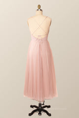 Homecoming Dresses Pockets, Cow Neck Pink Tulle Midi Dress