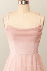 Homecoming Dress Pockets, Cow Neck Pink Tulle Midi Dress