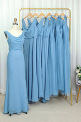 Homecoming Dresses Classy, Cowl Neck Blue Chiffon Sheath Long Bridesmaid Dress