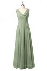 Party Dress Maxi, Cowl Neck Sage Green A-line Long Bridesmaid Dresss