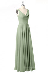 Party Dresses Maxi, Cowl Neck Sage Green A-line Long Bridesmaid Dresss
