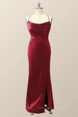 Wedding Aesthetic, Cowl Neck Wine Red Straps Long Evening Dress