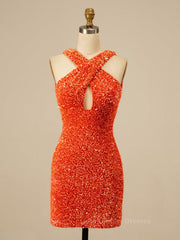 Prom Dress Ballgown, Cross Front Orange Sequin Tight Mini Dress