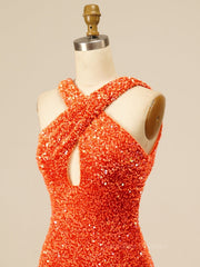 Prom Dresses For Brunettes, Cross Front Orange Sequin Tight Mini Dress
