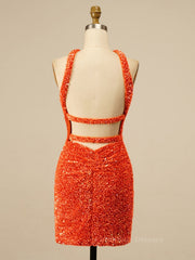 Prom Dress Fitted, Cross Front Orange Sequin Tight Mini Dress