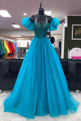 Prom Dresses Aesthetic, Blue Off-the-Shoulder Beaded A-line Tulle Long Prom Dress