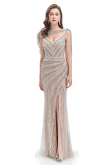 Prom Dress Floral, Crystal Beaded Mermaid High Slit Long Prom Dresses