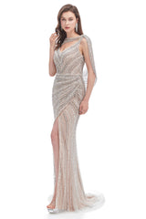 Prom Dress Off Shoulder, Crystal Beaded Mermaid High Slit Long Prom Dresses