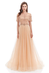 Prom Dresses For Brunettes, Crystal O-Neck Sleeveless A Line Tulle Prom Dresses