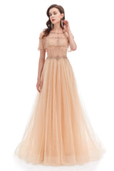 Prom Dress Fitted, Crystal O-Neck Sleeveless A Line Tulle Prom Dresses