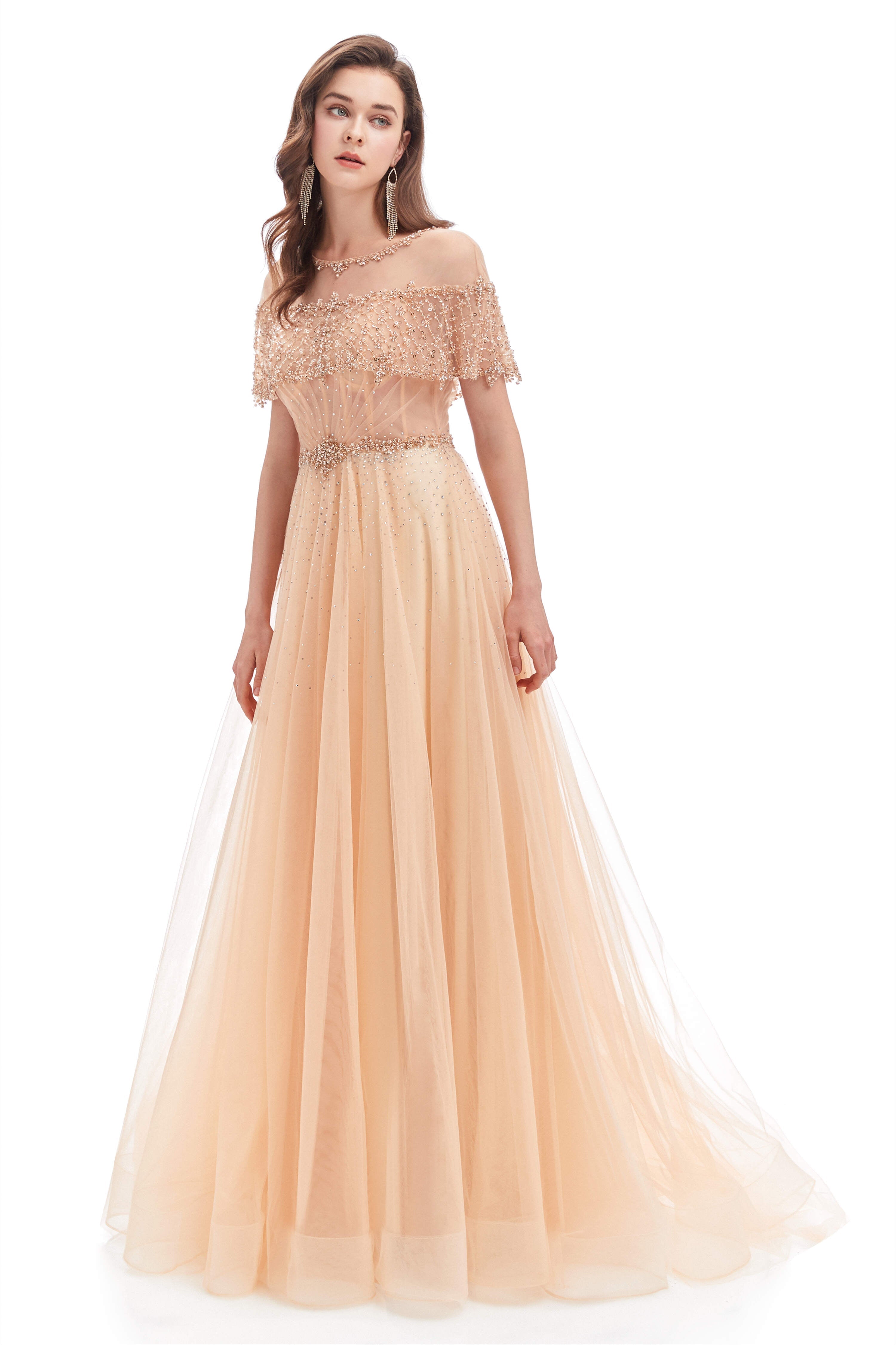Prom Dresses Fitting, Crystal O-Neck Sleeveless A Line Tulle Prom Dresses