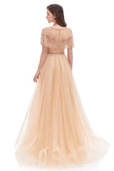 Prom Dress Long Formal Evening Gown, Crystal O-Neck Sleeveless A Line Tulle Prom Dresses