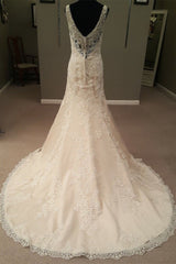 Homecoming Dresses Vintage, Mermaid Long Champagne Bridal Dress with Lace