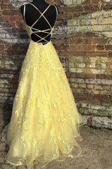 Bridesmaids Dresses Different Styles, Custom Made Backless Yellow Lace Floral Long Prom Dress, Yellow Lace Formal Graduation Evening Dress
