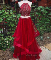 Party Dress Pattern Free, Custom Made Beaded Red Halter Two Piece Prom Dresses ,Formal Dresses