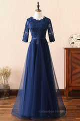Party Dress Big Size, Custom Made Long Sleeves Navy Blue Lace Prom Dress, Long Sleeves Lace Bridesmaid Dress, Long Sleeves Navy Blue Lace Formal Graduation Evening Dress