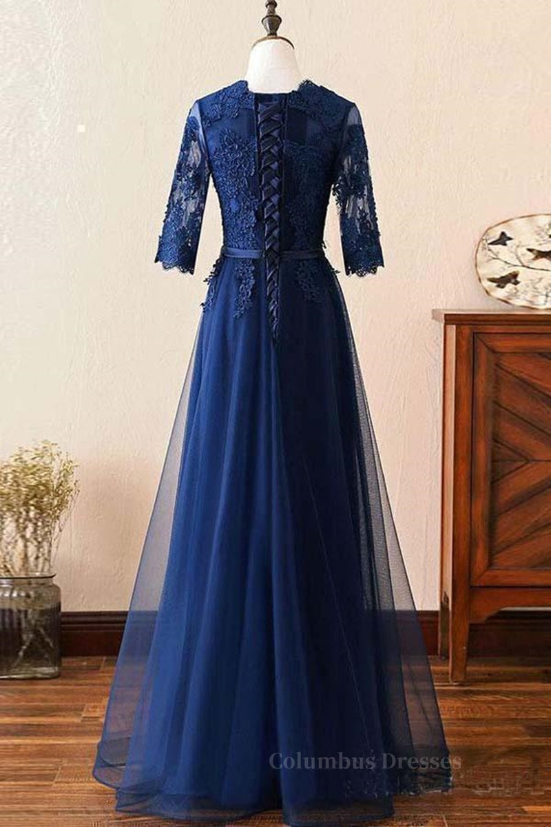 Party Dress Glitter, Custom Made Long Sleeves Navy Blue Lace Prom Dress, Long Sleeves Lace Bridesmaid Dress, Long Sleeves Navy Blue Lace Formal Graduation Evening Dress