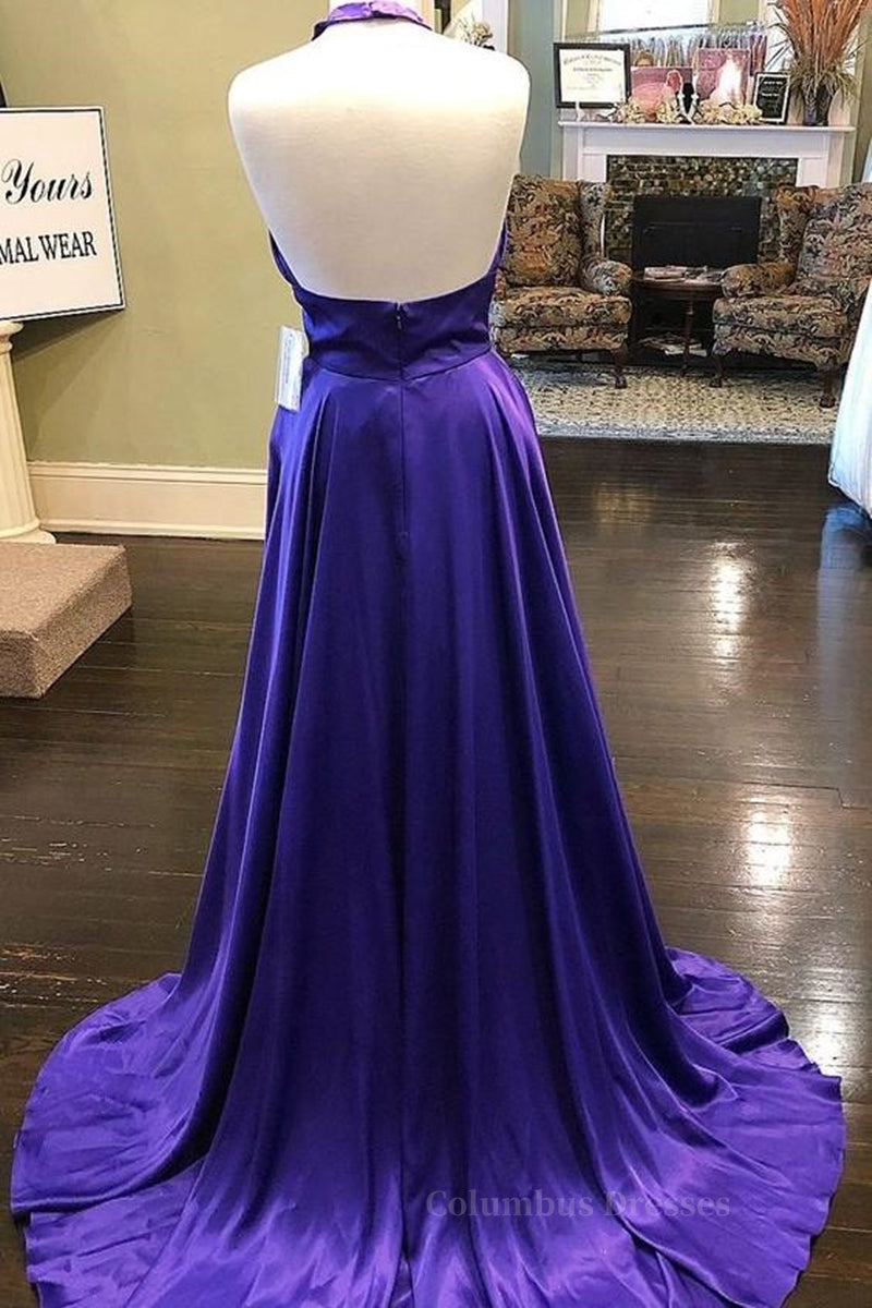 Party Dresses Black And Gold, Custom Made Unique Backless Purple Satin Long Prom Dress, Backless Purple Formal Dress, Purple Evening Dress