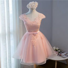 Party Dress Black And Gold, Custom Pink Lovely Cap Sleeves Knee Length Formal Dress, Pink Tulle Prom Dress