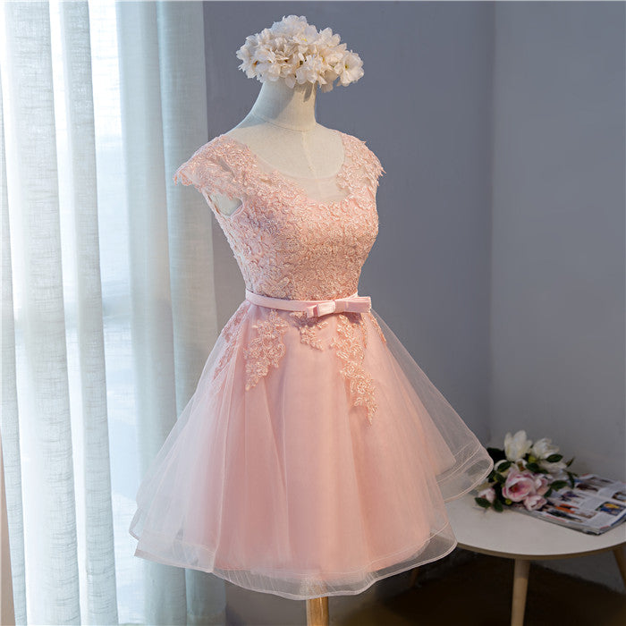 Prom Dress Inspiration, Custom Pink Lovely Cap Sleeves Knee Length Formal Dress, Pink Tulle Prom Dress