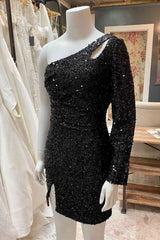 Chiffon Dress, Cut Out Long Sleeve Black Sequins Tight Homecoming Dress Gala Dresses Short