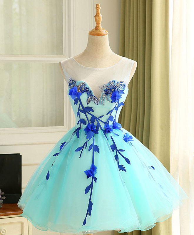 Formal Dresses Summer, Cute A Line Blue Tulle Mini/Short Prom Dress, Blue Homecoming Dress