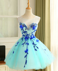 Formal Dresses With Sleeves, Cute A Line Blue Tulle Mini/Short Prom Dress, Blue Homecoming Dress