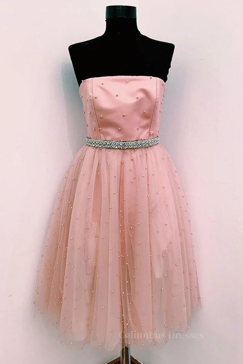 Party Dresses Night, Cute A Line Strapless Beaded Pink Short Prom Dress Homecoming Dress, Strapless Pink Formal Graduation Evening Dress