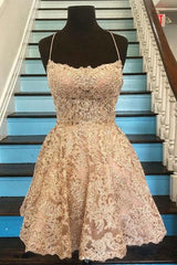 Party Dresses Miami, Cute Backless Short Golden Lace Prom Dresses, Golden Lace Homecoming Dresses, Short Golden Formal Evening Dresses