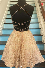 Party Dress For Christmas Party, Cute Backless Short Golden Lace Prom Dresses, Golden Lace Homecoming Dresses, Short Golden Formal Evening Dresses
