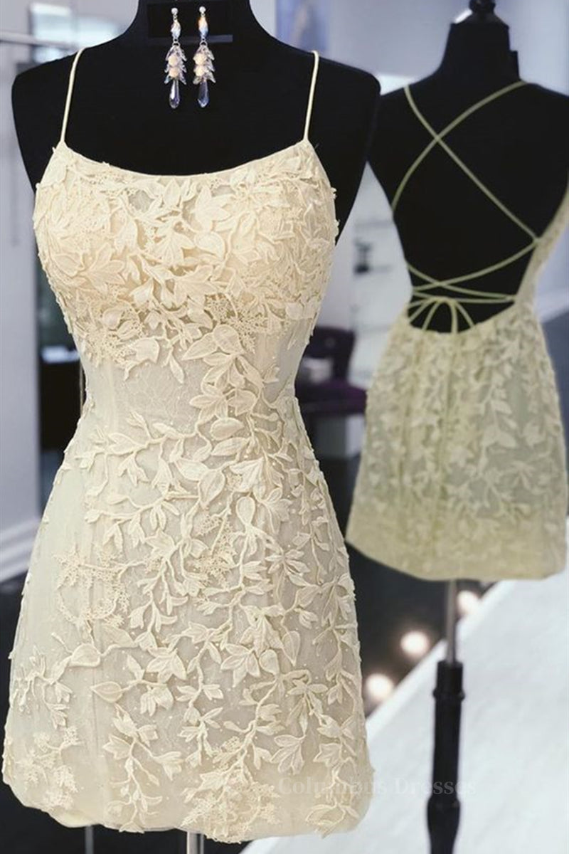 Prom Dresses For Black, Cute Backless Yellow Lace Short Prom Dress, Yellow Lace Formal Graduation Homecoming Dress
