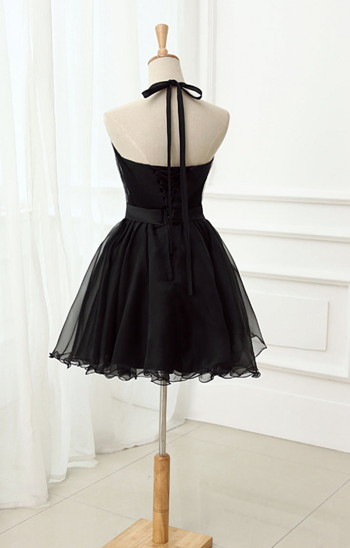 Boho Wedding, Cute Black Tulle Halter Short Homecoming Dress, Black Prom Dress