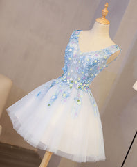 Formal Dresses For Wedding Guest, Cute Blue Lace Applique Short Prom Dress, Homecoming Dress