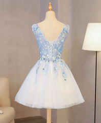 Formal Dresses For Weddings Guest, Cute Blue Lace Applique Short Prom Dress, Homecoming Dress