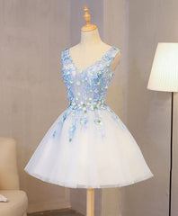 Formal Dress For Wedding Guests, Cute Blue Lace Applique Short Prom Dress, Homecoming Dress