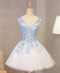 Formal Dress For Wedding Reception, Cute Blue Lace Applique Short Prom Dress, Homecoming Dress