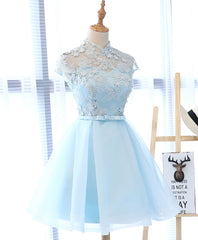 Formal Dress Shopping, Cute Blue Lace Tulle Short Prom Dress. Cute Homecoming Dress