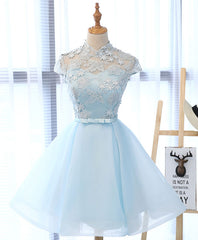 Formal Dresses Shop, Cute Blue Lace Tulle Short Prom Dress. Cute Homecoming Dress