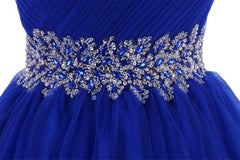 Formal Dress Boutique, Cute Blue Sweetheart Tulle Cocktail Dress Homecoming Dress With Beading, Short Prom Dress