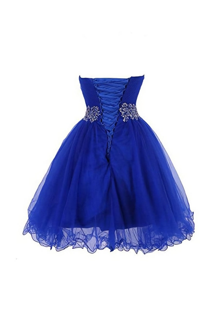 Formal Dresses Winter, Cute Blue Sweetheart Tulle Cocktail Dress Homecoming Dress With Beading, Short Prom Dress