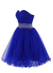 Formal Dress Australia, Cute Blue Sweetheart Tulle Cocktail Dress Homecoming Dress With Beading, Short Prom Dress