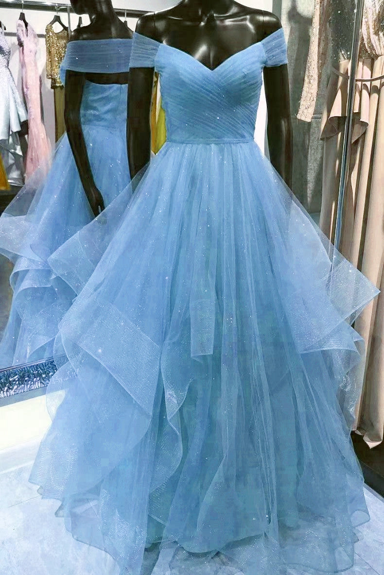 Evening Dress Elegant Classy, Cute Blue Tulle Sweetheart Layers Long Formal Dresses, Blue Evening Gown Prom Dress