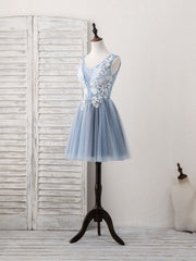Prom Dresses Designers, Cute Blue V Neck Tulle Lace Applique Short Prom Dress, Blue Homecoming Dress