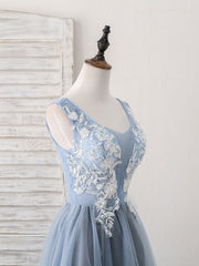 Prom Dresses Designs, Cute Blue V Neck Tulle Lace Applique Short Prom Dress, Blue Homecoming Dress