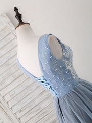 Prom Dress Designs, Cute Blue V Neck Tulle Lace Applique Short Prom Dress, Blue Homecoming Dress