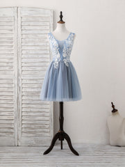 Prom Dress Designers, Cute Blue V Neck Tulle Lace Applique Short Prom Dress, Blue Homecoming Dress