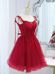 Party Dress Miami, Cute Burgundy Tulle Lace Short Prom Dress, Lace Burgundy Puffy Homecoming Dress