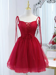 Party Dress Pink, Cute Burgundy Tulle Lace Short Prom Dress, Lace Burgundy Puffy Homecoming Dress