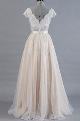 Wedding Dresses 2028, Cute Cap Sleeve V-neck Lace Tulle Wedding Dress