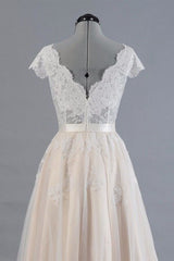 Wedding Dress Elegant, Cute Cap Sleeve V-neck Lace Tulle Wedding Dress